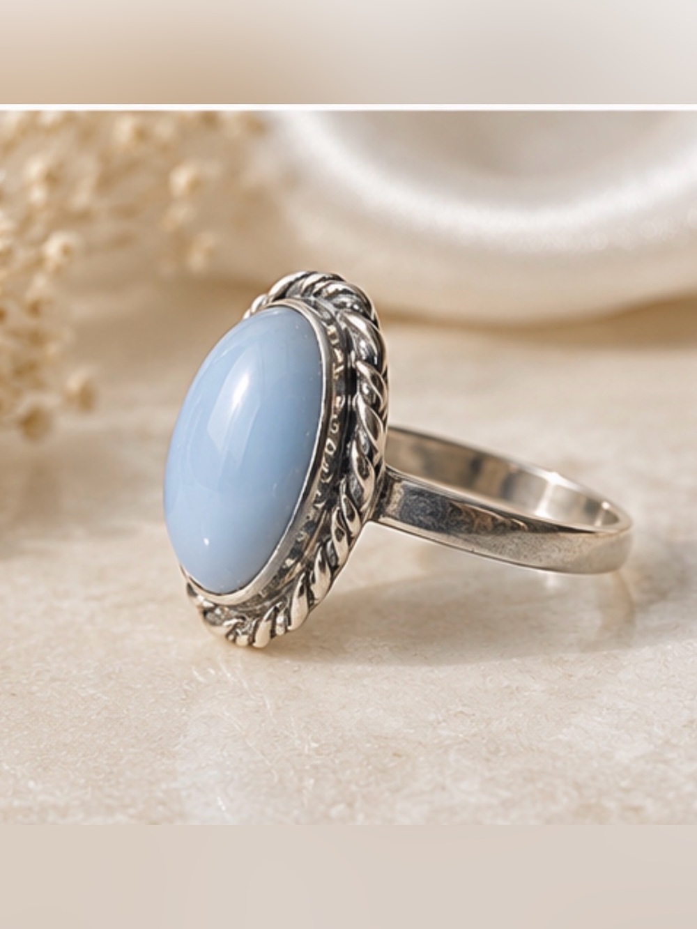 925 Sterling Silver Blue Chalcedony Oval Ring